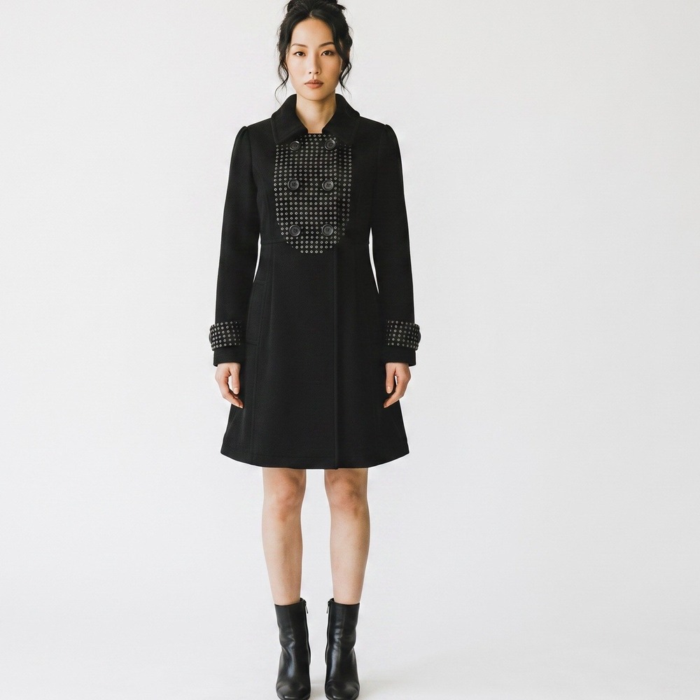 Etam Weekend Black Wool Blend Double Breasted Coat Patterned Bib Accents Size 36